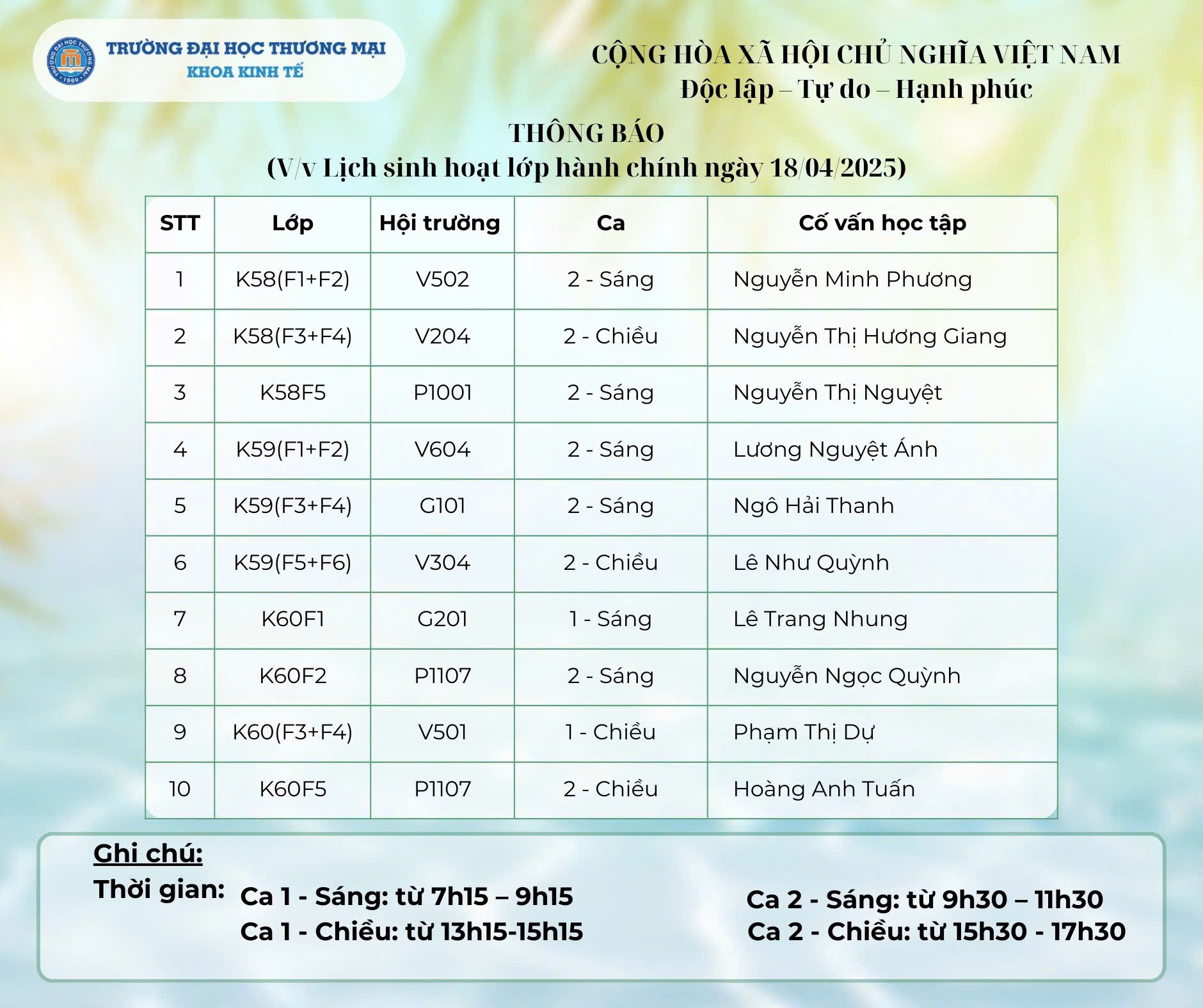 THÔNG BÁO LỊCH SINH HOẠT LỚP HÀNH CHÍNH NGÀY 18/04/2025