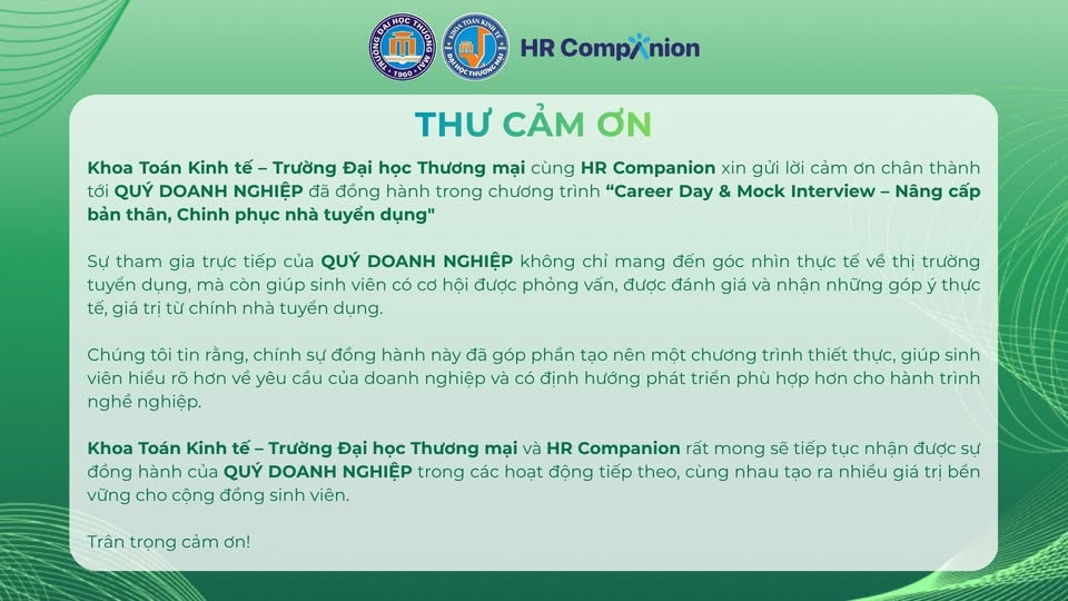 Thư cảm ơn - Career Day & Mock Interview