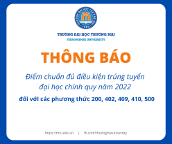 Thông báo điểm chuẩn đủ điều kiện trúng tuyển đại học chính quy năm 2022 theo các phương thức 200, 402, 409, 410, 500